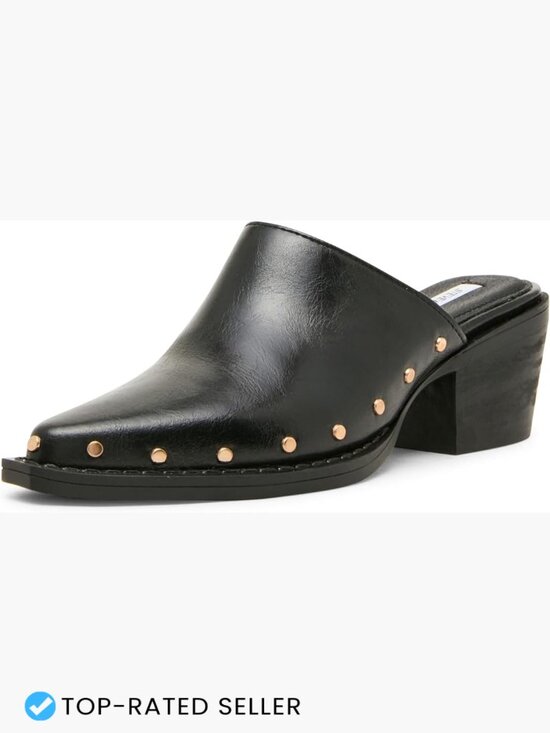 Shoes - Pointed Toe Clog with Gold Studs Block Heel Pull-On Faux Leather Fashion Shoe